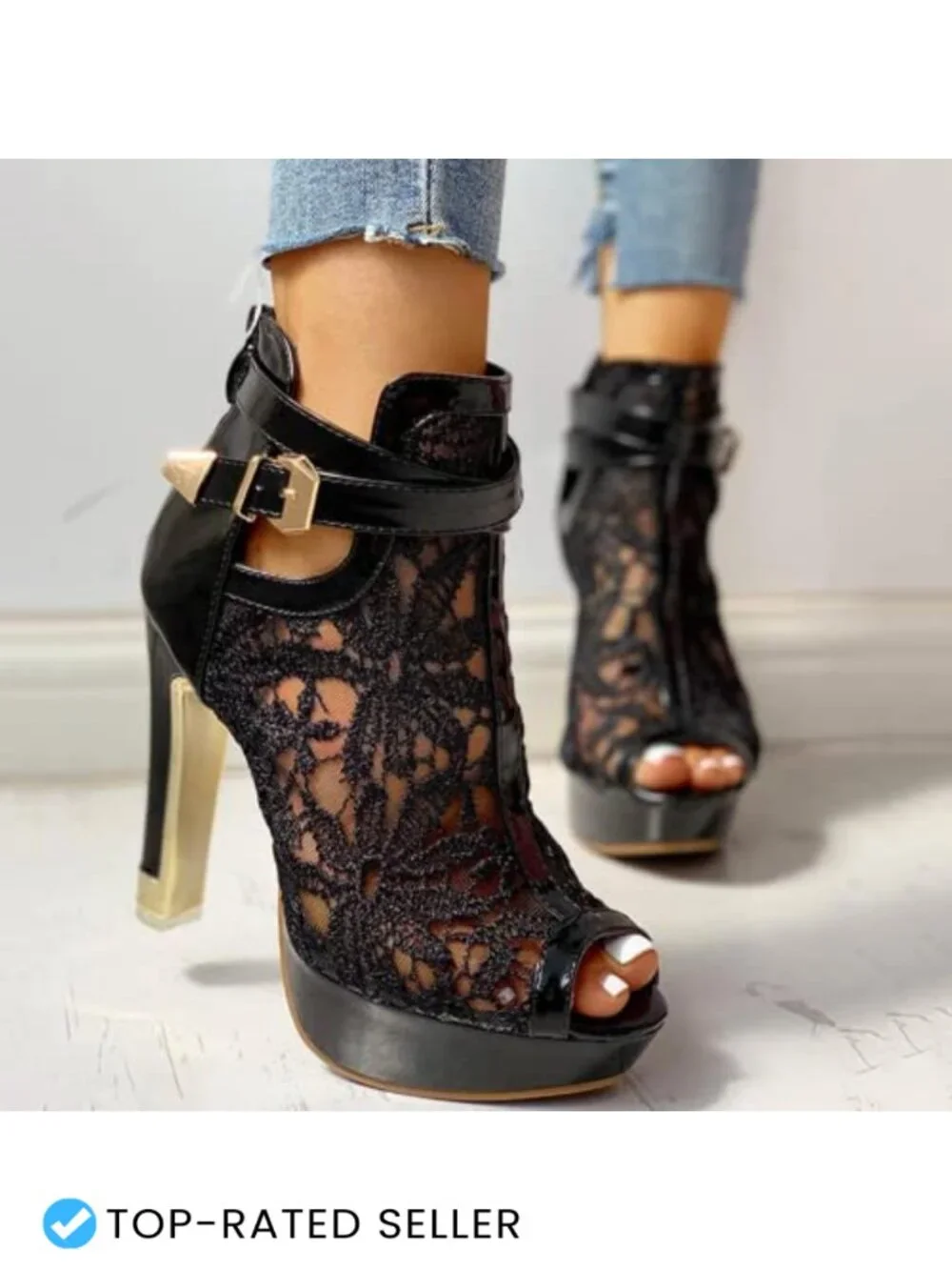 BORAMAX Women's Lace Flowers Open Toes High Heels Ankle Boots Platform Peep Toe